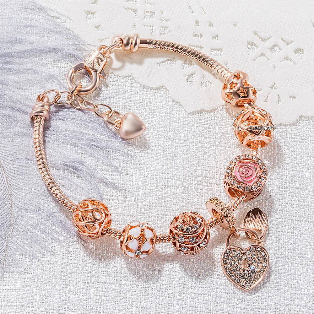 FASHION Hollow Love Lock Pendant Bracelet 18K Gold Plated Rose Flower Diamond Beaded Charm Bracelet for Women Jewelry