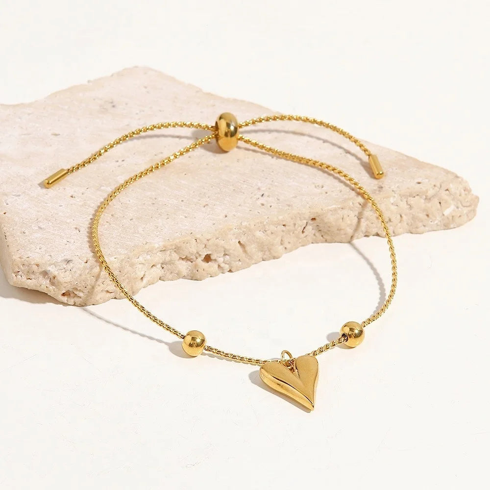 Popular Stainless Steel 18k Gold Plated Peach Heart Charm Bracelet Custom Wholesale Vintage Jewelry Design Drawstring Bracelet