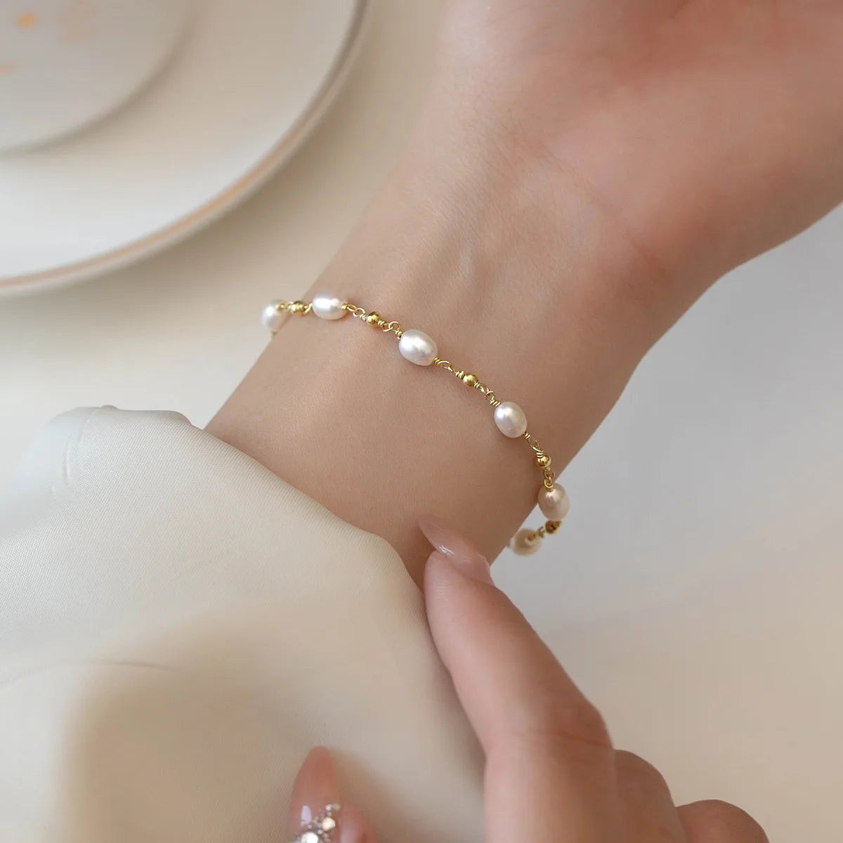 Daidan Bracelet Perle Naturel Bracelet Silver 925 6Mm Gold Plated Pearl Elegant Freshwater Pearl Bracelet