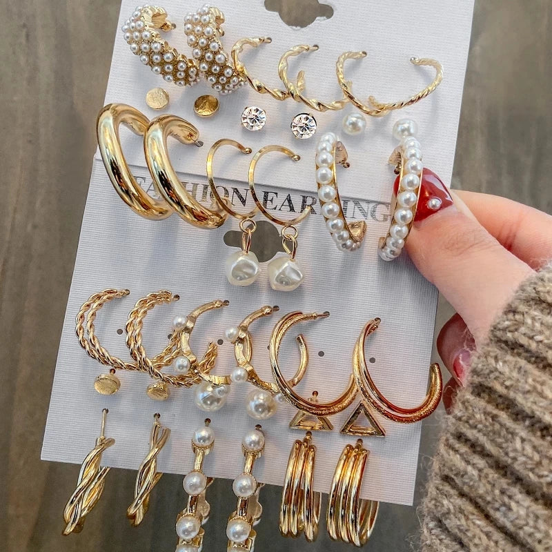 2021 Trendy Gold Geometric Pearl Circle Drop Earrings Set Fashion Metal Jewelry for Women 5g RORE