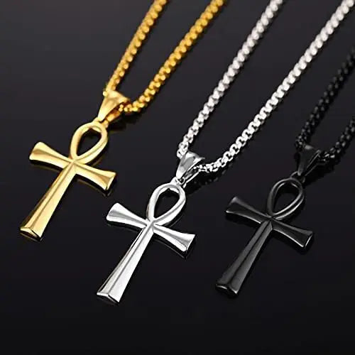 Simple Vintage Egyptian Coptic Ankh Ancient Serenity Prayer Stainless Steel Pendant Cross Pendant Necklace for Men