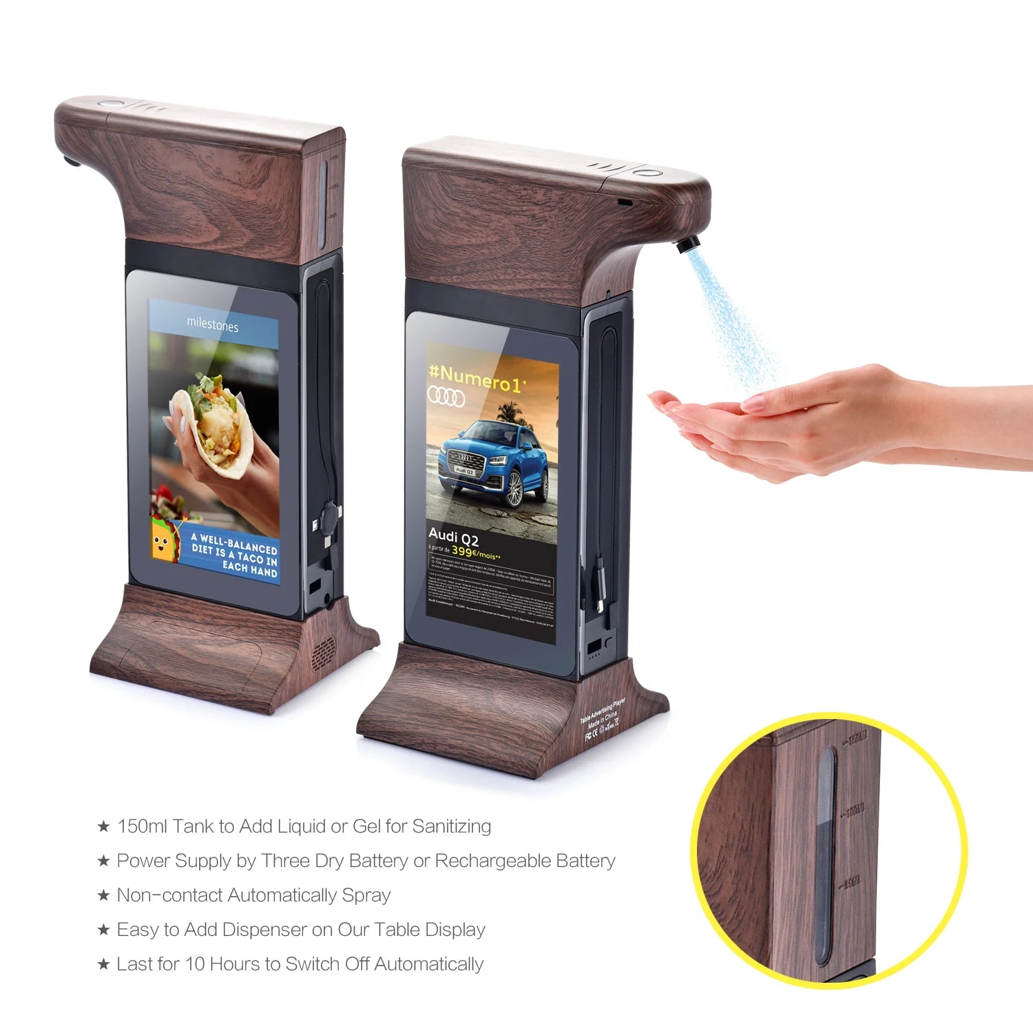 FYD-835SD 7 Inch Dual Touch Screen Table Advertising Player With Hands Auto Dispenser Digital Signage Sanitizer Media Player