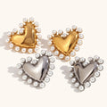 New Fashion Women 18K Gold Plated Stainless Steel Heart Pearl Stud Earrings