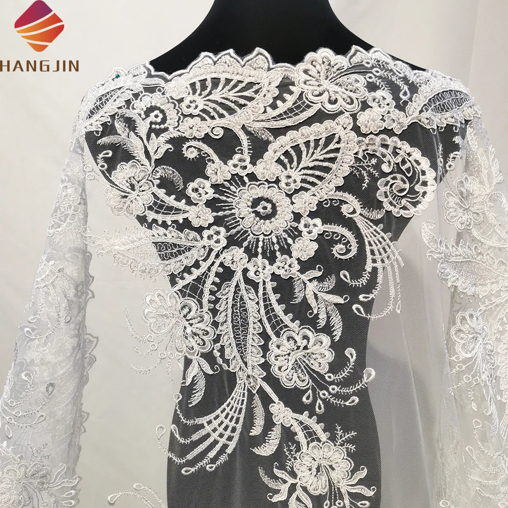 Luxury Beaded Lace Fabric Crystal Rhinestone Custom Hand Made Embroidery Wedding Fabric Lace