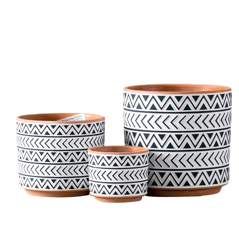 Nordic Antique Pattern Design Glazed Ceramic Flower Pot Creative Cylindrical Home Decor Wholesale Plant Pots
