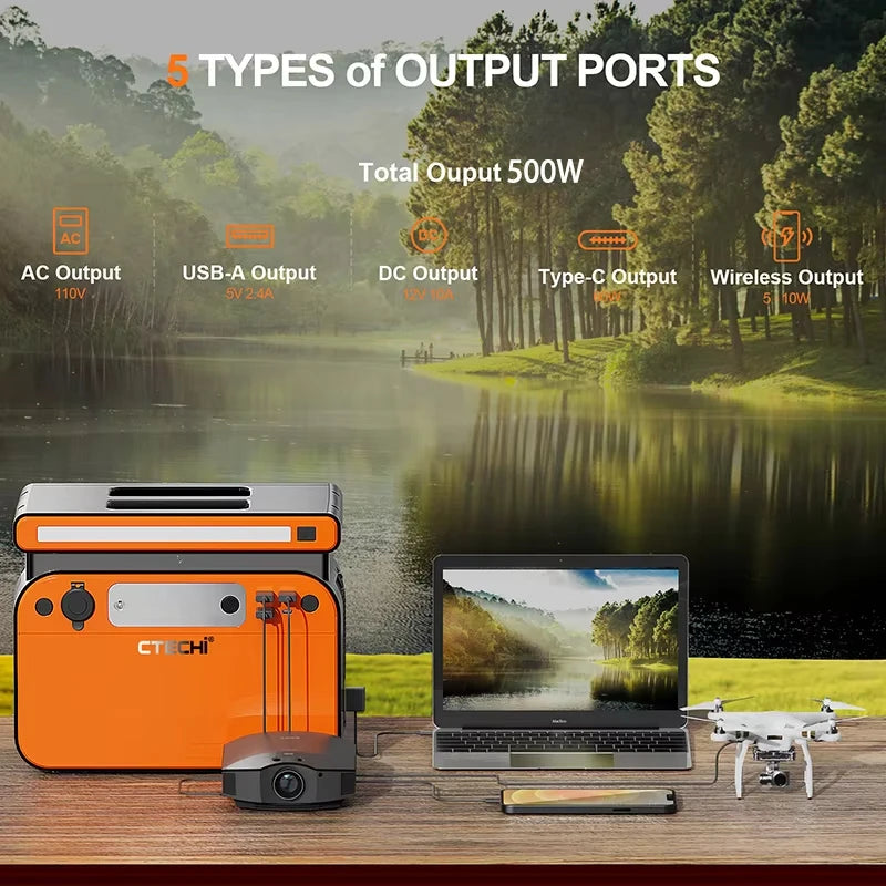 500W AC DC Output Lithium LiFePo4 Battery Backup Power Supply Phone Wireless Charger Portable Power Station Solar Generator
