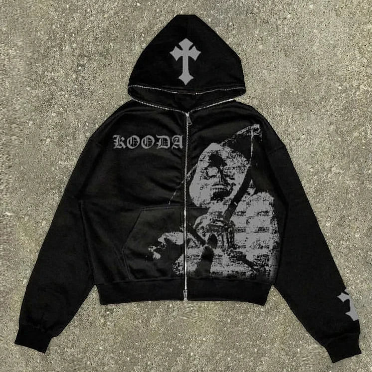 Custom Oversized Heavy Cotton Full Zip Hoodie for Men 400 Gsm French Terry Streetwear Black with DTG Print and Hooded Collar