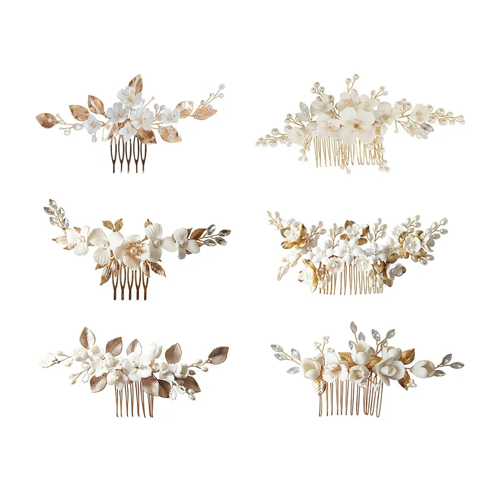 2024 Bridal Hair Accessories Ceramic Flower Crystal Pearl Headdress Wedding Hair Combs Jewelry for Women Party Prom