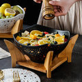 Eco-Friendly Kitchen Tableware Northern European Marble Pattern Black Square Ceramic Fruit Salad Bowl Wood Stand Fruit Snack