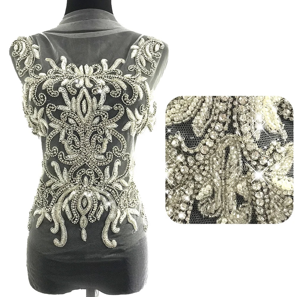 W004 Fancy Rhinestone Embroidery Jewelry Dress Crystal Beaded Patch Applique for Wedding Dress