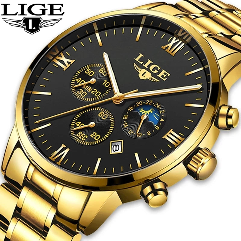 9831 New Mens Watches LIGE Top New Luxury Gold Full Steel Quartz Watch Men Date Waterproof Gift Clock Relogio Masculino