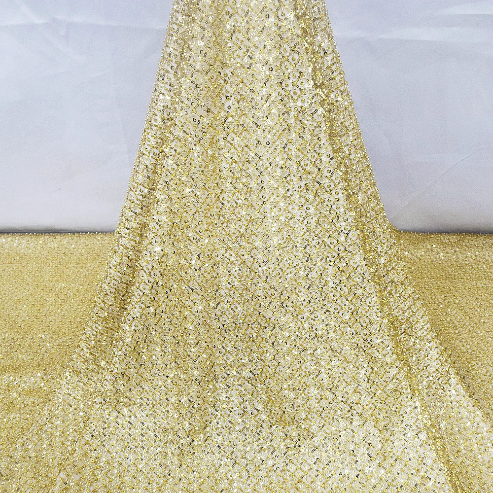 HY2179 Elegant High Density Gold Sparkling Sequins Lace Fabric French Ladies Evening Dress Fabric African