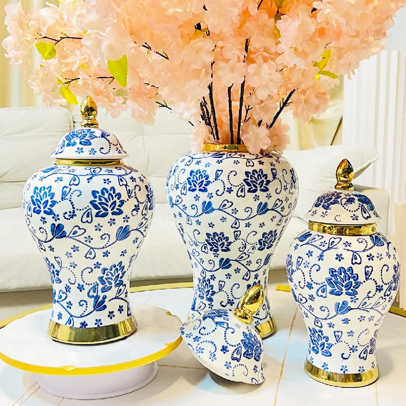 White and Blue & Golden and Blue Set of 3 Home Decoration Storage Ceramic Jar New Chinese Luxury Modern Ginger Jar