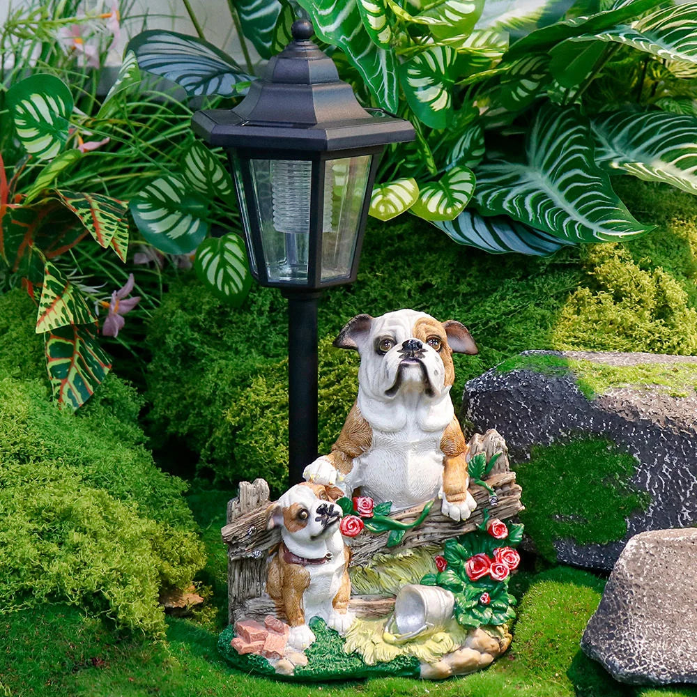 Bulldog Resin Solar Lamp Statue-Modern Cute Garden Ornament Hand-painted Outdoor Night Light
