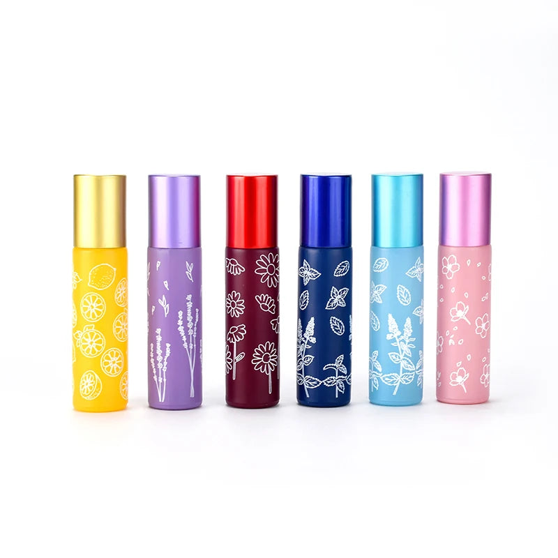 Macaron Color Roll on Glass Bottle  Perfume Flower Pattern 10ml Essential Oil Glass Roller Bottle