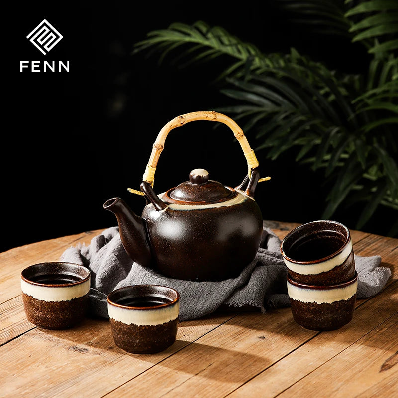 FENN Hot Sells Japanese Style Custom Tea Cups Ceramic Portable Rattan HandleTea Pot Tea Set a Pot With 4 Ceramic Cups for Hotel