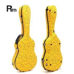 Rm OEM Portable Guitar Case Yellow Printed Cover Waterproof Hard Shell Fiberglass Acoustic Guitar Lock Closure Real Leather