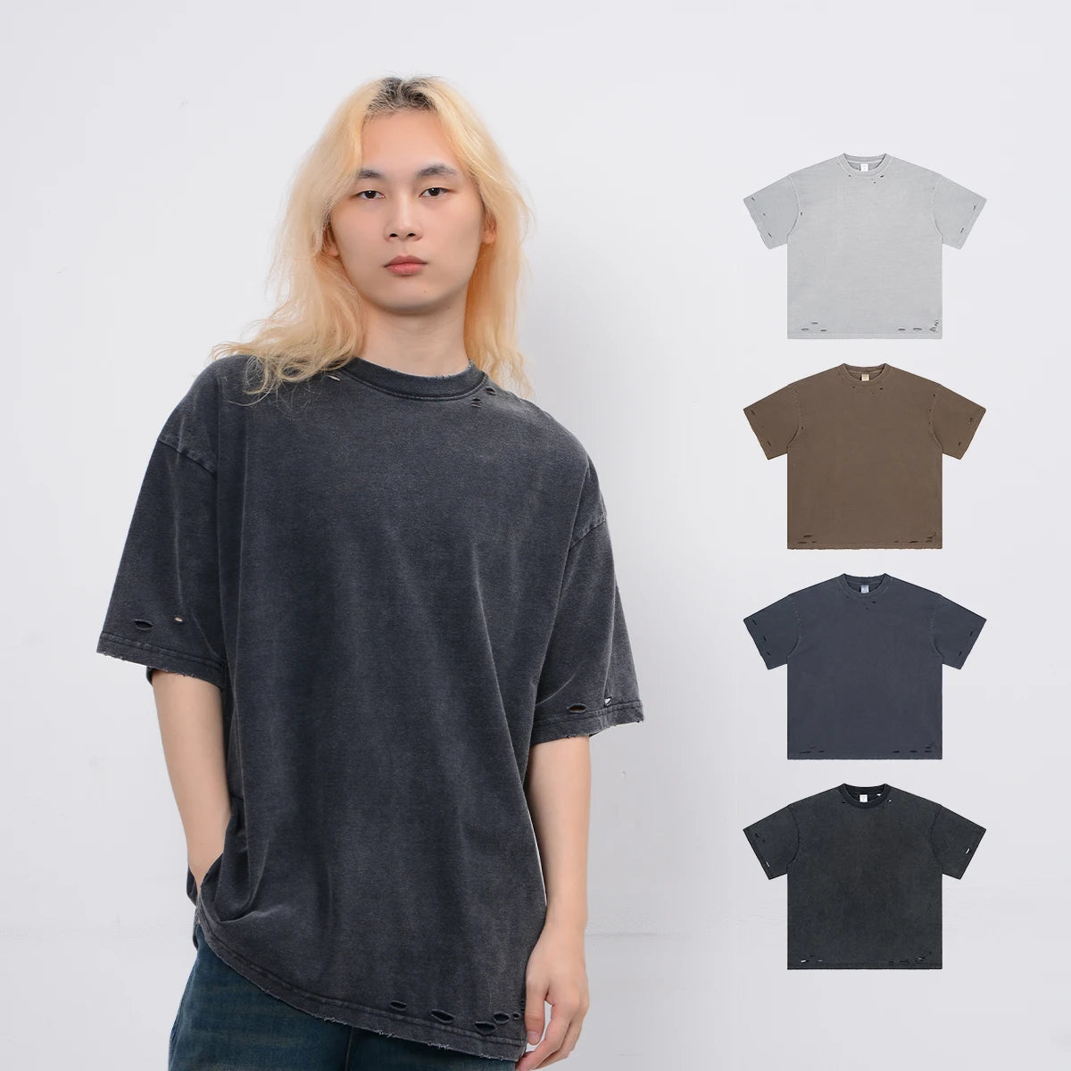 High Quality Oversized Heavy  Cotton Custom Retro Distressed Cut and Damaged Washed T-shirt Streetwear Plain T Shirts