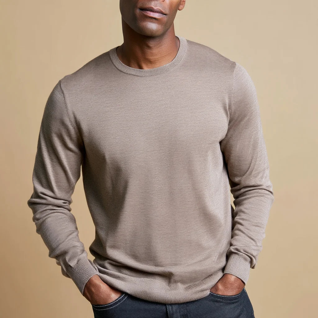 Men's All-Wool Thin Merino Wool Crewneck Sweater Multicolor Machine-Washable Winter Wear with Front Logo