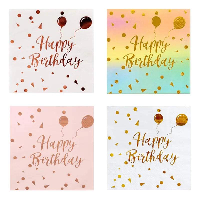 Wholesale Birthday Balloon Gold Stamping Process Napkins Party Disposable Paper Napkins in Stock Colorful Printed Napkins