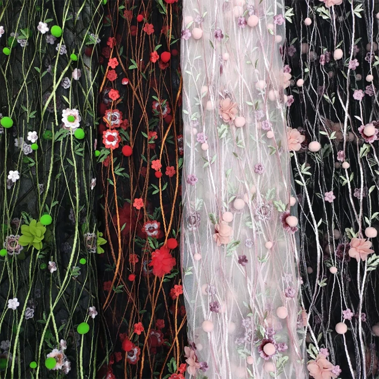 New Style Lace 3D Cotton Ball Flower Trim Multicolor Embroidered Lace Fabric with Sequins Polyester Western Style for Wedding