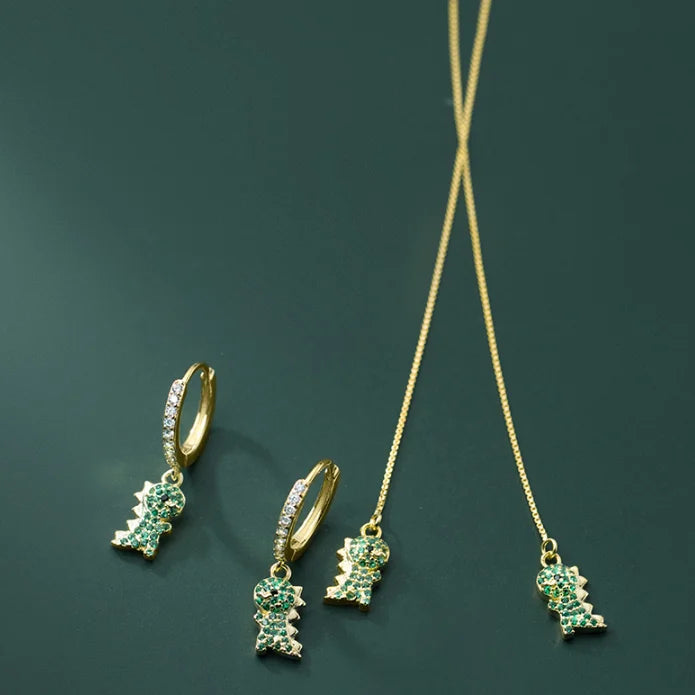 Daidan 18K Gold Necklace Jewelry 100% 925 Sterling Silver Animal Pendant Dinosaur Green Zircon Necklace