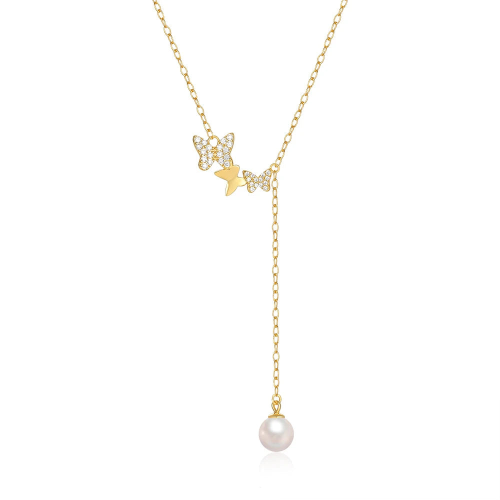 Wholesale 18K Gold Plated Dainty Butterfly Necklace 925 Silver with Natural Pearl Link Chain Fashion Jewelry for Gift