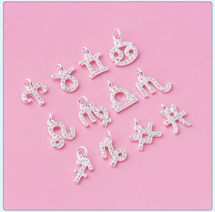 925 Sterling Silver 12-Constellation Pendant with Zircon Jewelry Findings & Components Supply for Zodiac Charms