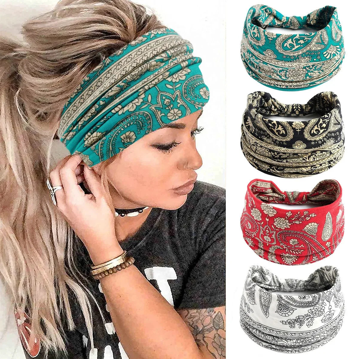 Floral Bohemian Printed Hair Bands for Women Wide Edge Cross Twisted Headbands Accessory
