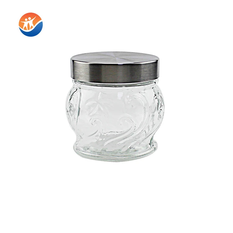 New Products Embossed Sphere Glass Storage Jar with Metal Lid Wholesale