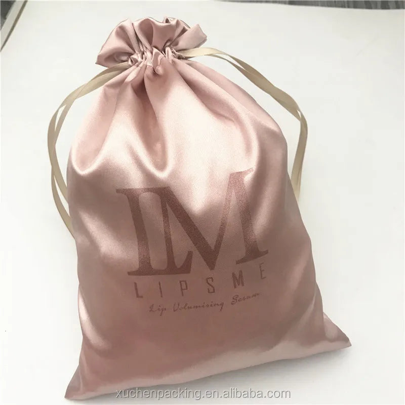Gift Print Flesh Pink Satin Bag for Makeup Silk Dust Bag for 2-3 Bundles of Hair