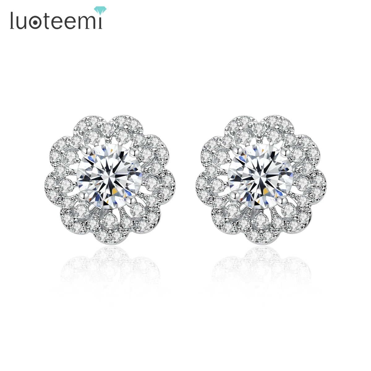 LUOTEEMI Trend Women Fashion Custom Korea Design Exquisite Rhodium White Gold Plated Cubic Zirconia Earrings Stud Wholesale