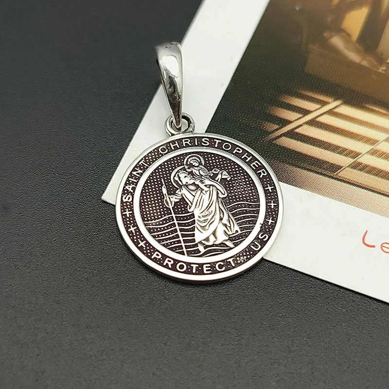 Pure Silver Saint Christopher Protect Us Arch Angel Silver Pendant Medal Saint Christopher Necklace