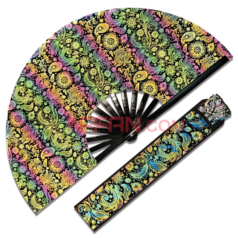In Stock Magical Paisley Iridescent Holographic Bamboo Folding Clack Hand Fan with Fan Bag As Rave Festivals Party Accessories