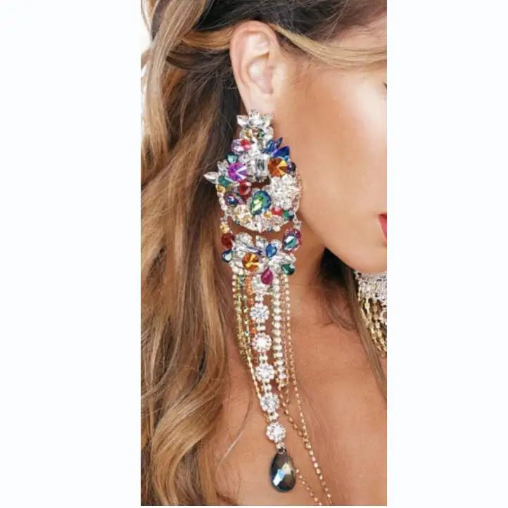 Wholesale Fashion Jewelry Statement Earring Extra Long Full Rhinestone Big Earrings for Women Crystal Tassel Statement Earrings