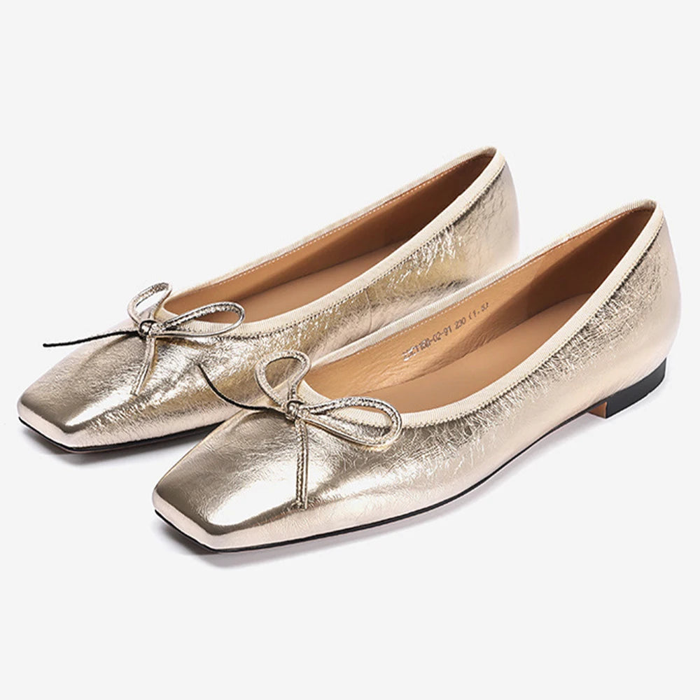 2024 New Fashion Genuine Leather Elegant Square Toe Ballet Flats Bowknot Flat Shoes for Women Summer Autumn Breathable Anti-Slip