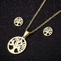 Trendy PVD Plated 18K Gold Silver Stainless Steel Charm Women Tree of Life Pendant Earring Necklace Jewelry Set