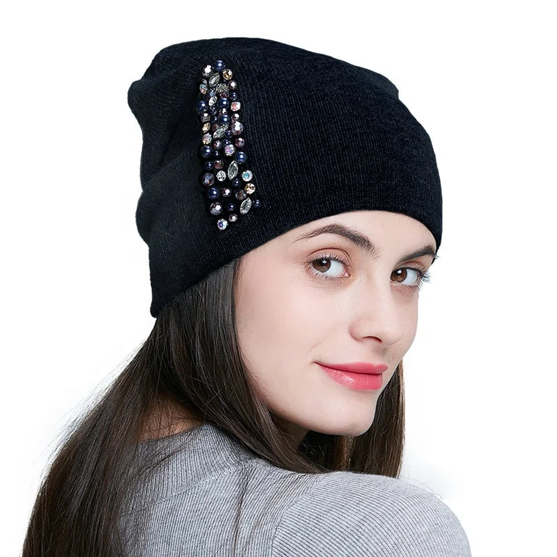 Custom Winter Knitted Beanie Hats for Women Warm Knit Hats With Decoration Angola Wool Blend Beanie Wholesale