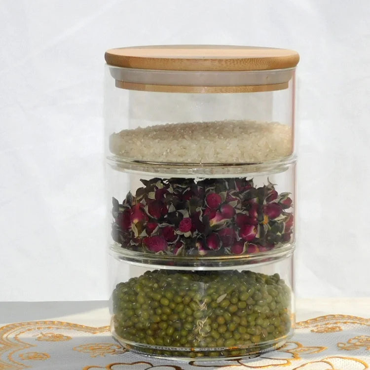 Multilayer Stackable Glass Bottle Jar Handmade Borosilicate Glass Canister Jar Bamboo Wood Food Storage Container