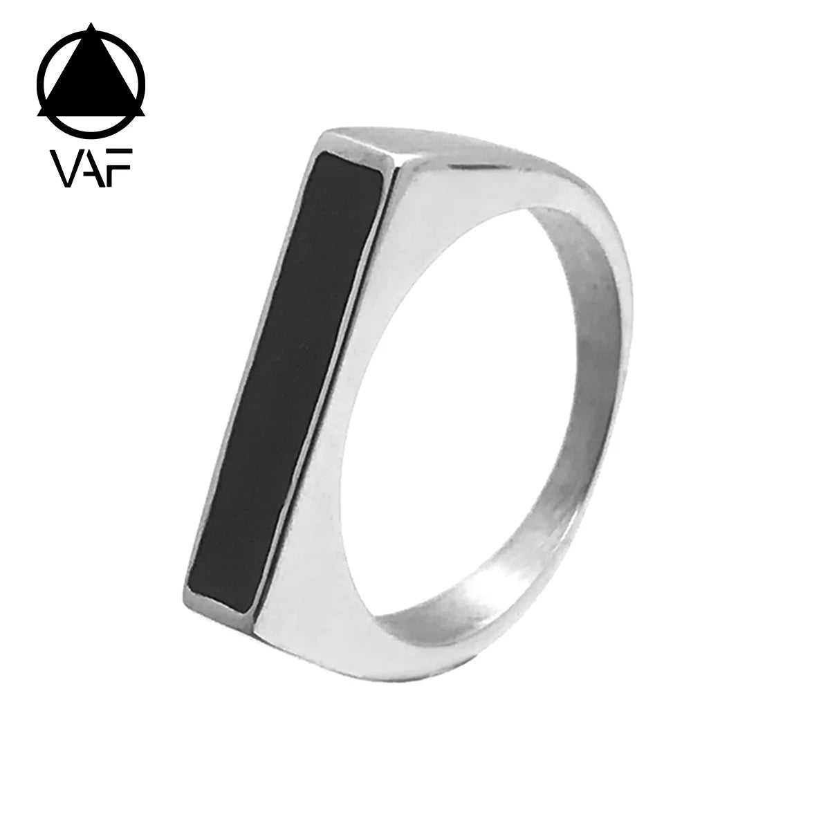 VAF Black Enamel Rectangle Signet Ring Statement Stainless Steel Silver Stamp Ring for Men