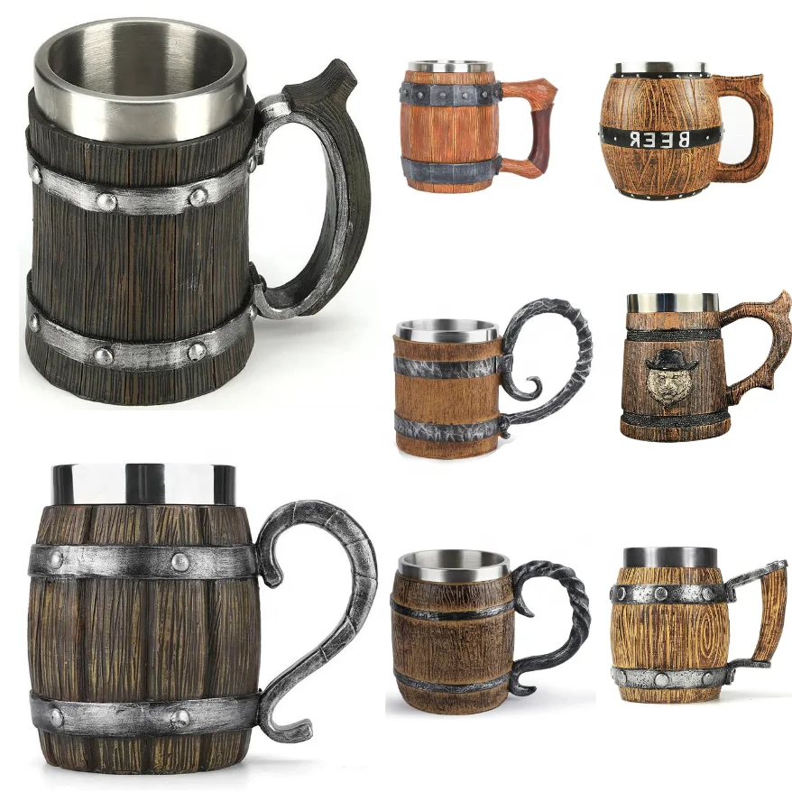 Medieval Retro Mug M03 Wooden Barrel Resin Mug Ancient Ancient Stainless Steel Beer Cup for Bar Wood Mugs Drinkware Stuff