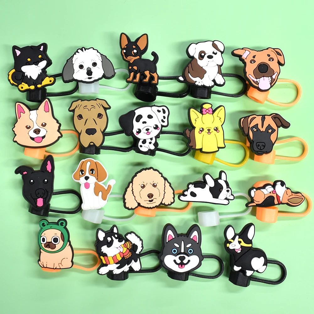 Wholesale New Custom Reusable Pvc 10mm Drinking Topper Charms Cute Animal Dog Straw Topper Soft Rubber Straw Cover for Mugs