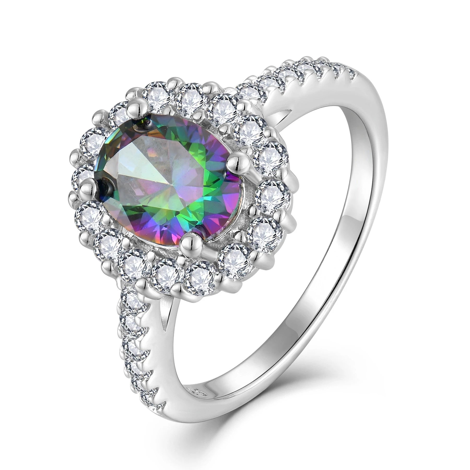 925 Sterling Silver Oval Cut Mystic Topaz Ring Cubic Zirconia Halo Engagement Wedding Ring Jewelry for Women Wholesale