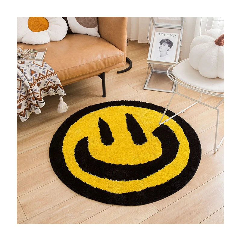 Black Yellow smiley Face Mat Flocking Jacquard Cartoon Thick Bedroom Mat