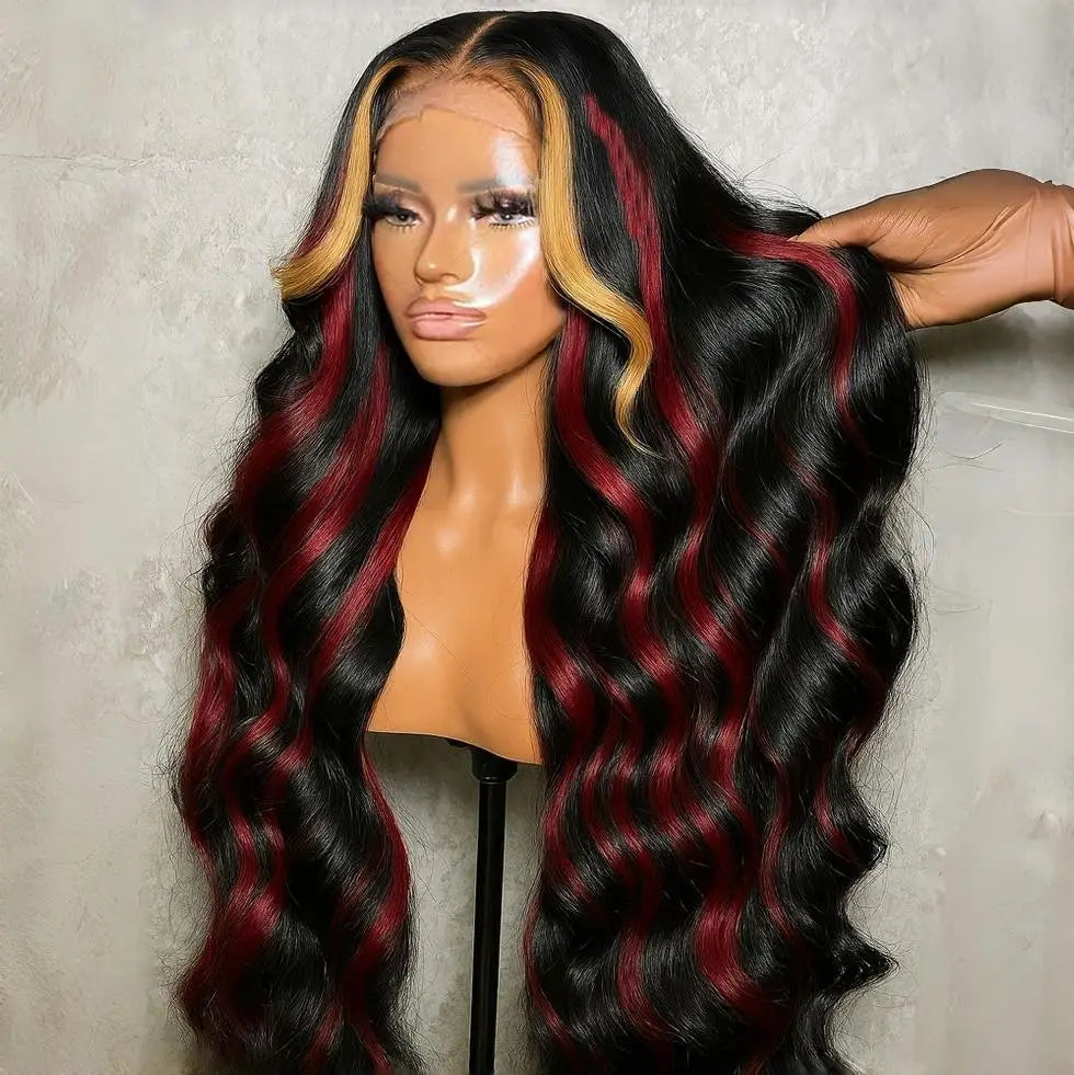 Body Wave Red Hair Blonde Highlight 100% Virgin Brazilian Remy Human Hair for Lace Front Transparent HD Wig 13X4/4X4 Long