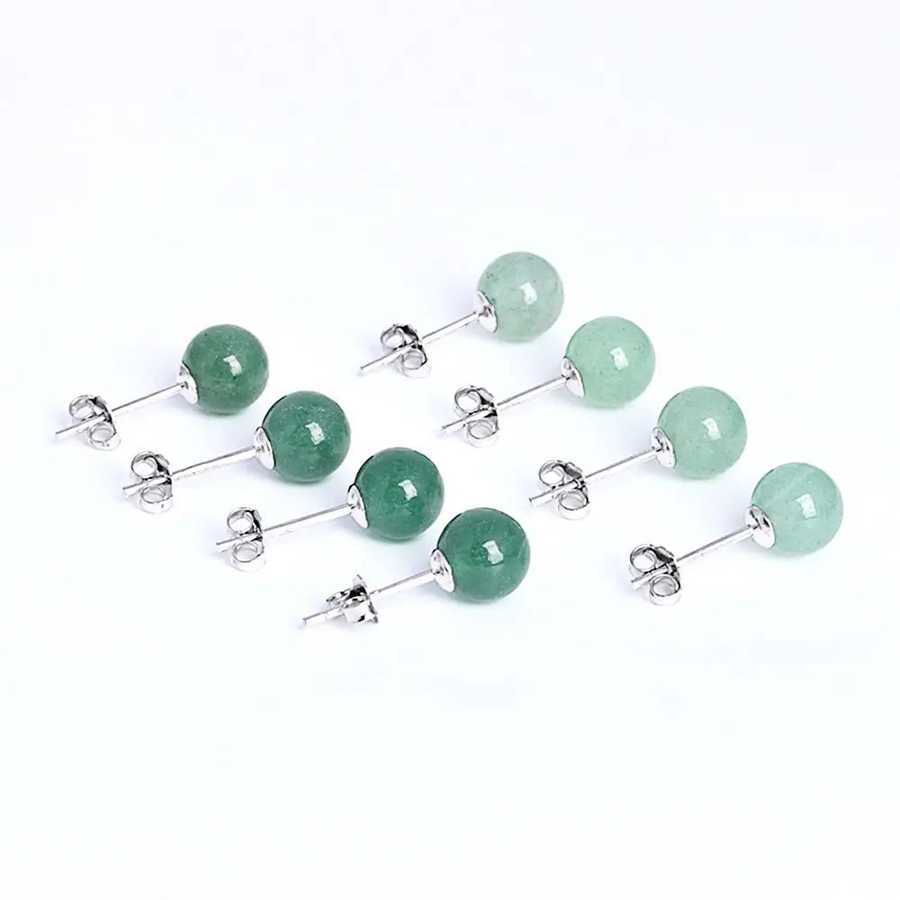 Small 925 Sterling Silver Pin With Gem Green Aventurine Dong Ling Natural Stone Ball Stud Sets Earring 6mm Women Earrings