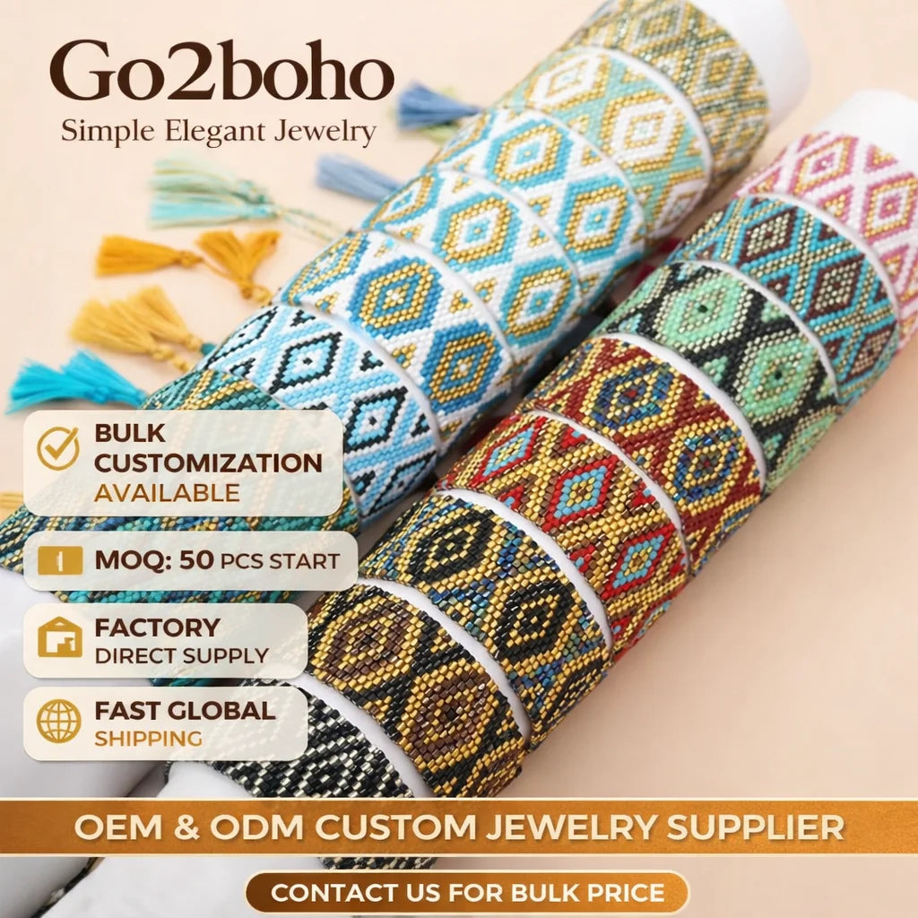 Go2boho Bohemian Style Glass Beads Bracelet 2023 Trendy Woven Tassel Chain Handmade Colorful Diamond Shapes Jewelry for Women