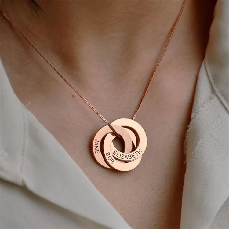 Personalized Engraved Custom 925 Sterling Silver Round Circles Family Name Necklace for Women