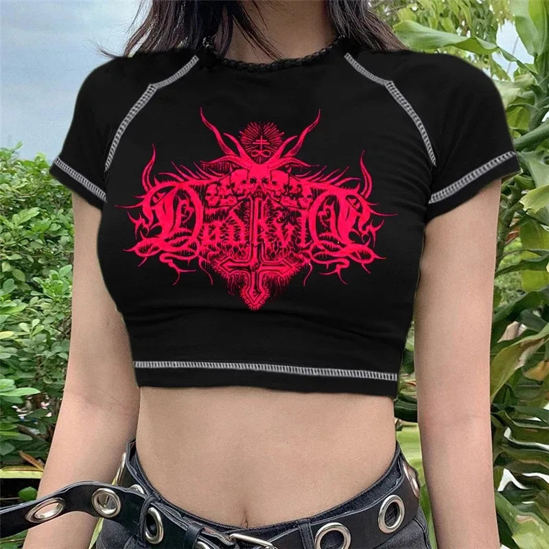 Printed Vintage Graphic Top Short Sleeve Y2K O-Neck Slim Basic Hip Hop Gothic Crop Tops Women Summer Tee Short Shirts
