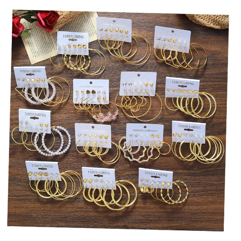 New Rotundity Pentagram Geometric Earrings for Women Gold Color Metal Pearl Hoop Earrings Set Fashion Jewelry Gift